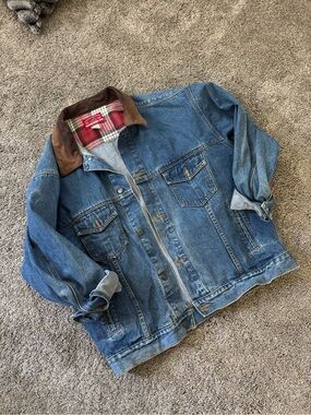 Marlboro Blue Denim Jacket with Brown Collar and Red Plaid Lining